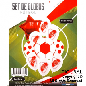 SET DE GLOBOS METALIZADO PELOTA FUTBOL RIVER 10 UNIDADES X 1